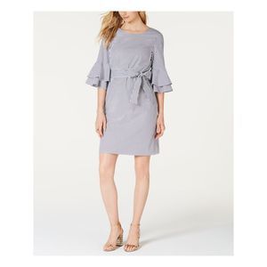 PAPPAGALLO Womens Gray Striped 3/4 Sleeve Crew Neck  Sheath Dress 18